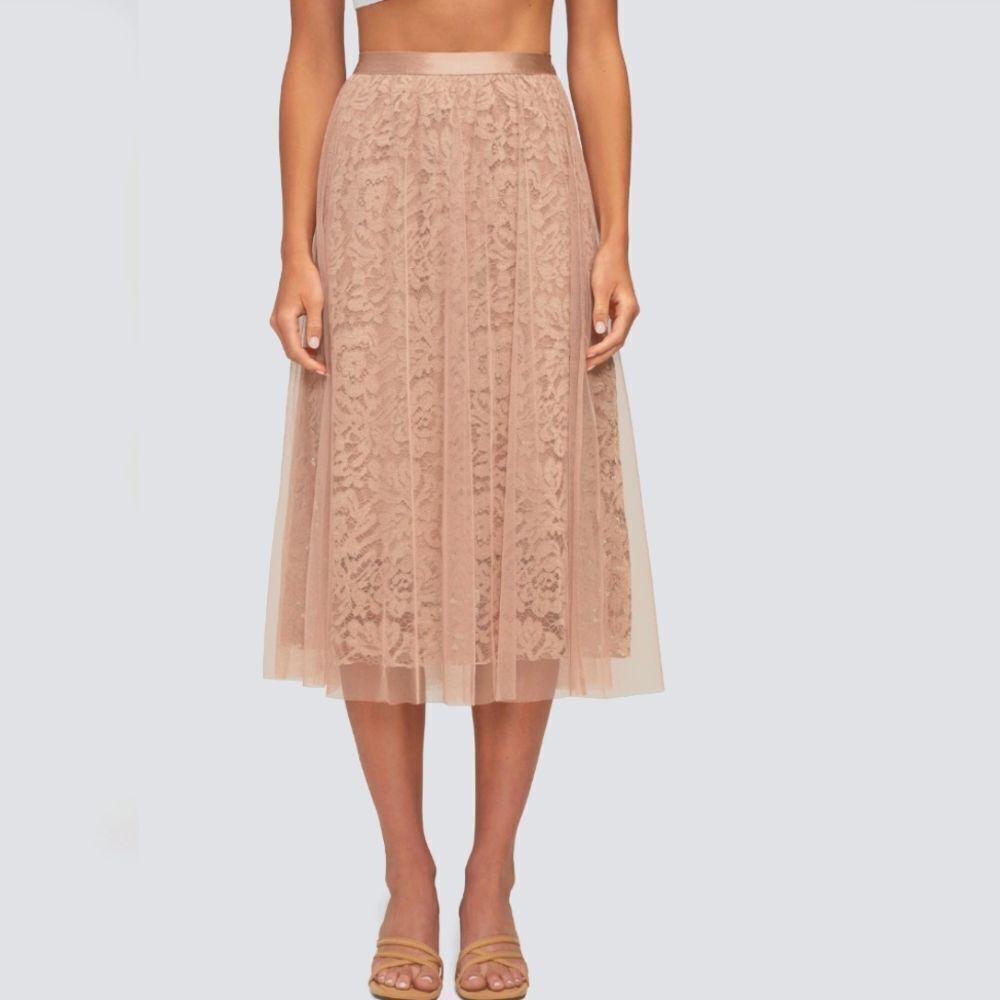 Wildfox Tan Pink Embellished A-Line Pleated Tulle Midi Skirt